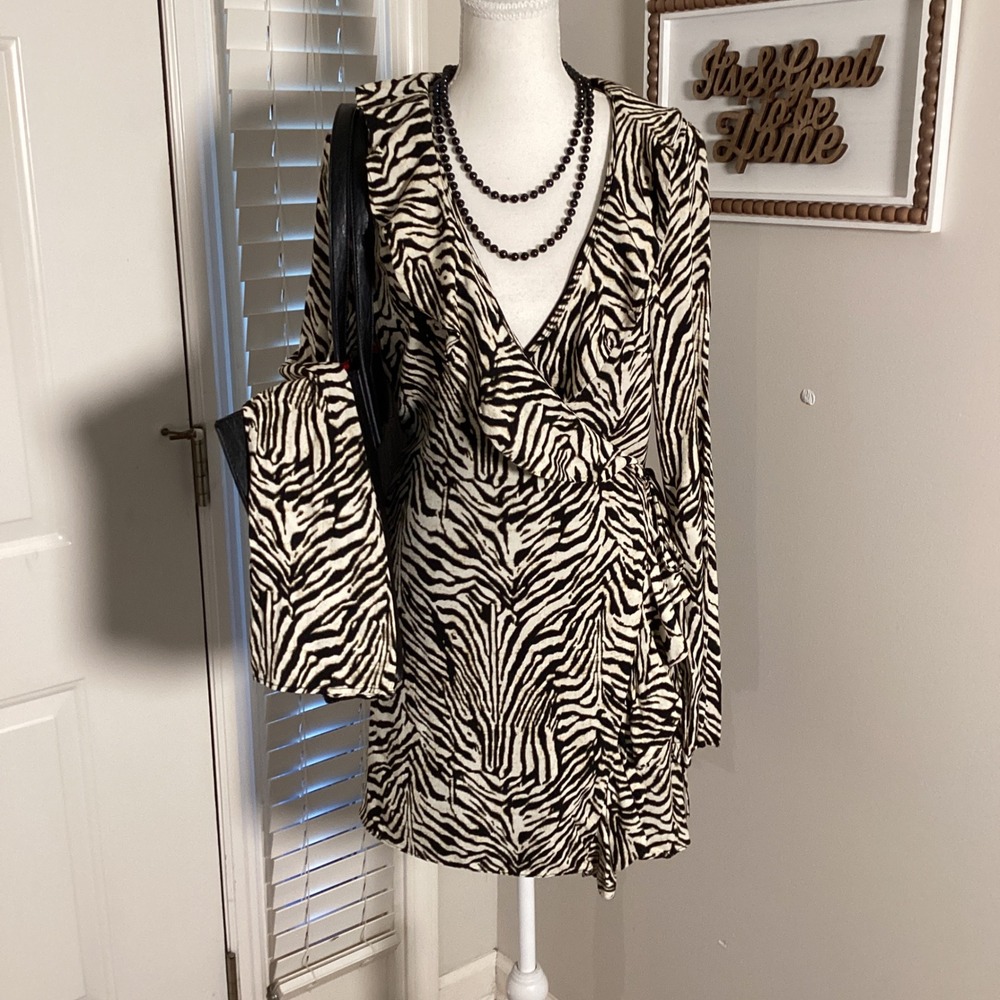 Zara Zebra Wrap Dress Women Large Black Cream Animal Print Ruffle Mini Boho Chic